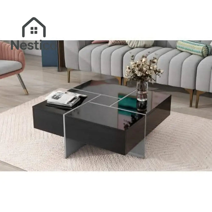 Modern black square coffee table with sliding top and hidden storage compartments