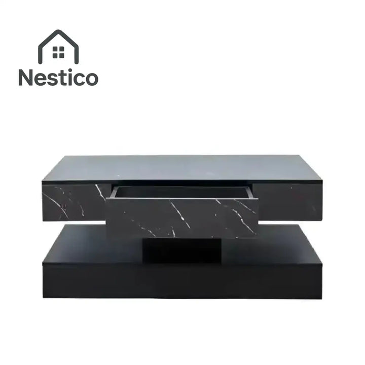 Black marble-patterned modern led coffee table with storage drawer and RGB lights