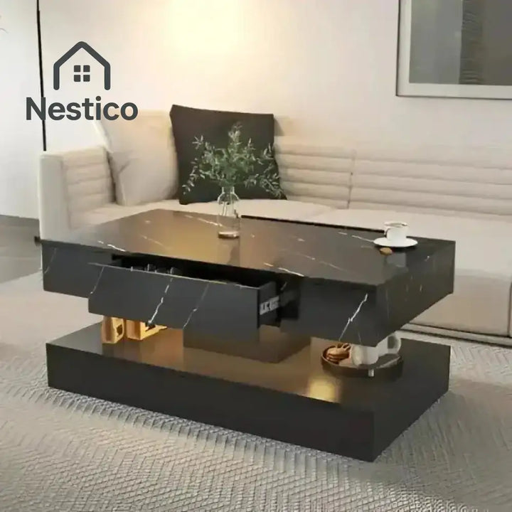 Black marble modern LED coffee table with storage drawer and RGB lights