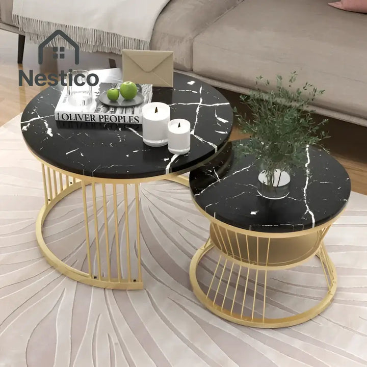 Black marble look round coffee table set with fiberboard and black MDF material functional nesting tables