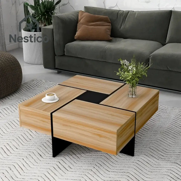 Square wooden coffee table with black accents showcasing hidden storage compartments and a unique design