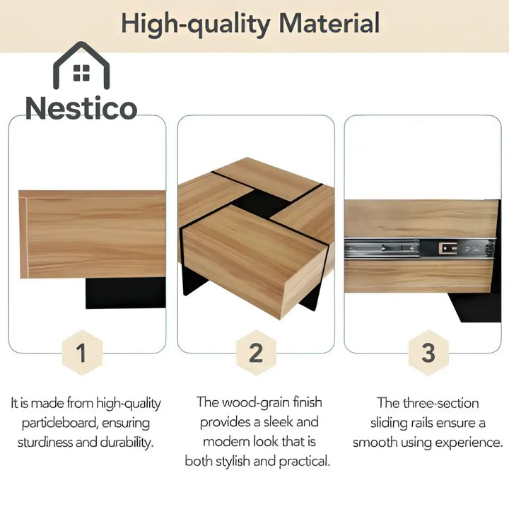 Wooden unique coffee table with sliding top and hidden storage compartments in brown