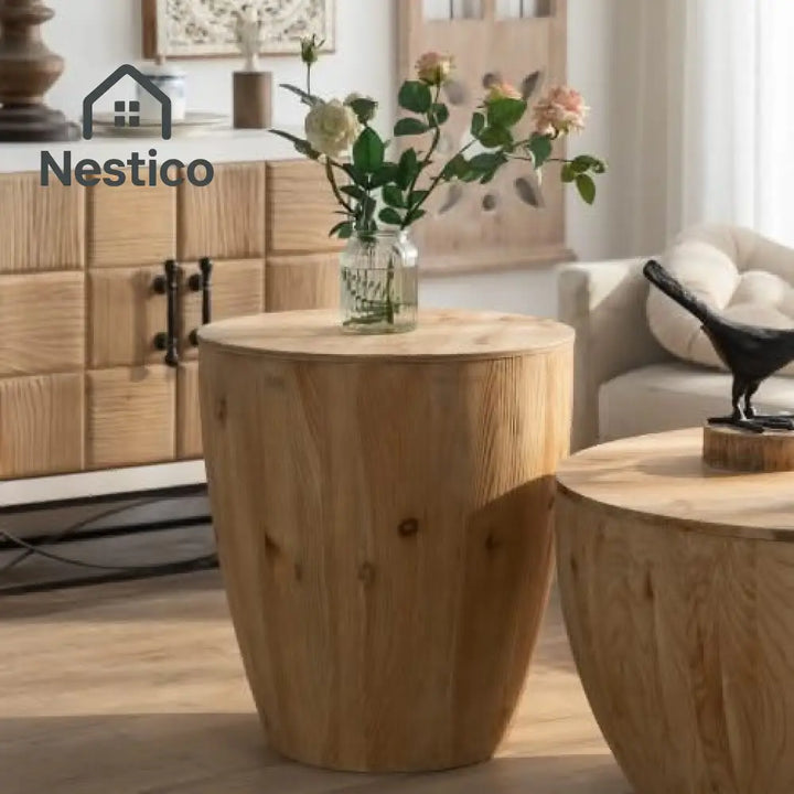 Cylindrical wooden side table in vintage bucket shaped coffee table set with hidden storage