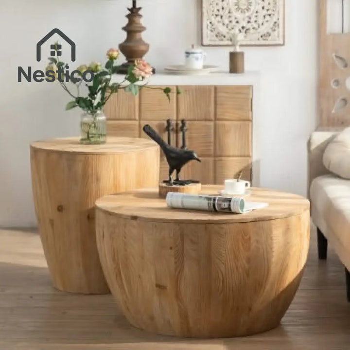 Vintage barrel-shaped coffee table set with hidden storage made of solid Fir Wood