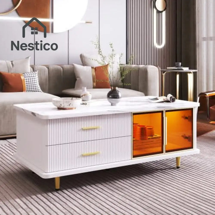White marble coffee table with LED lights, glass door, and gold legs